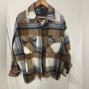ZARA Wool Blend Plaid Brown & Blue Overshirt Shacket Jacket w/Pockets Size L